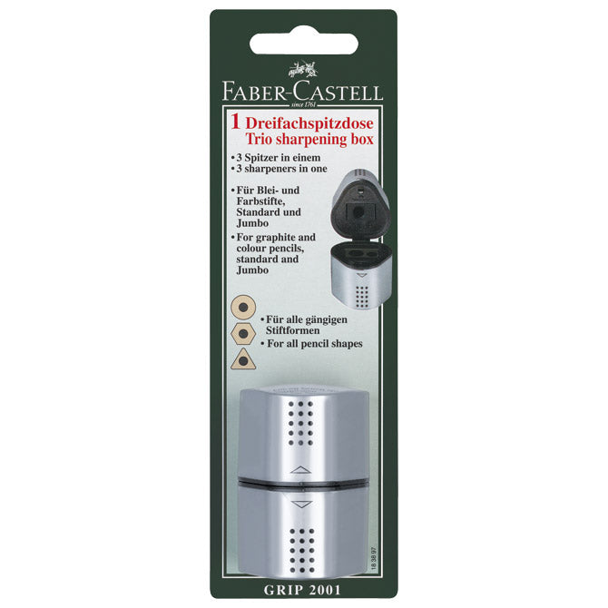 ŠILJILO PVC S PVC ŠKATLO 3LUKNJE GRIP 2001 TRIO FABER CASTELL 183897 SREBRNO BLISTER