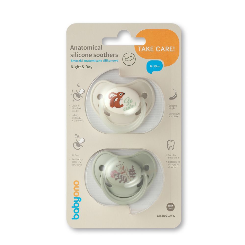 BabyOno Anatomska slikonska duda GLOW 6-18 mj, 2 kom