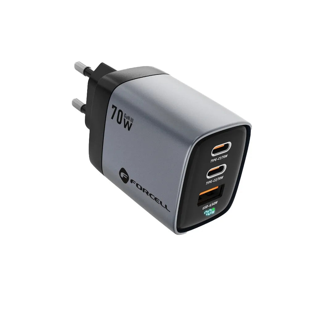 FORCELL F-ENERGY GaN III VT-37 síťová nabíječka s LCD displejem 2 x Type C + USB A PD QC4.0 SAM SFC2.0 3.45A 70W šedá