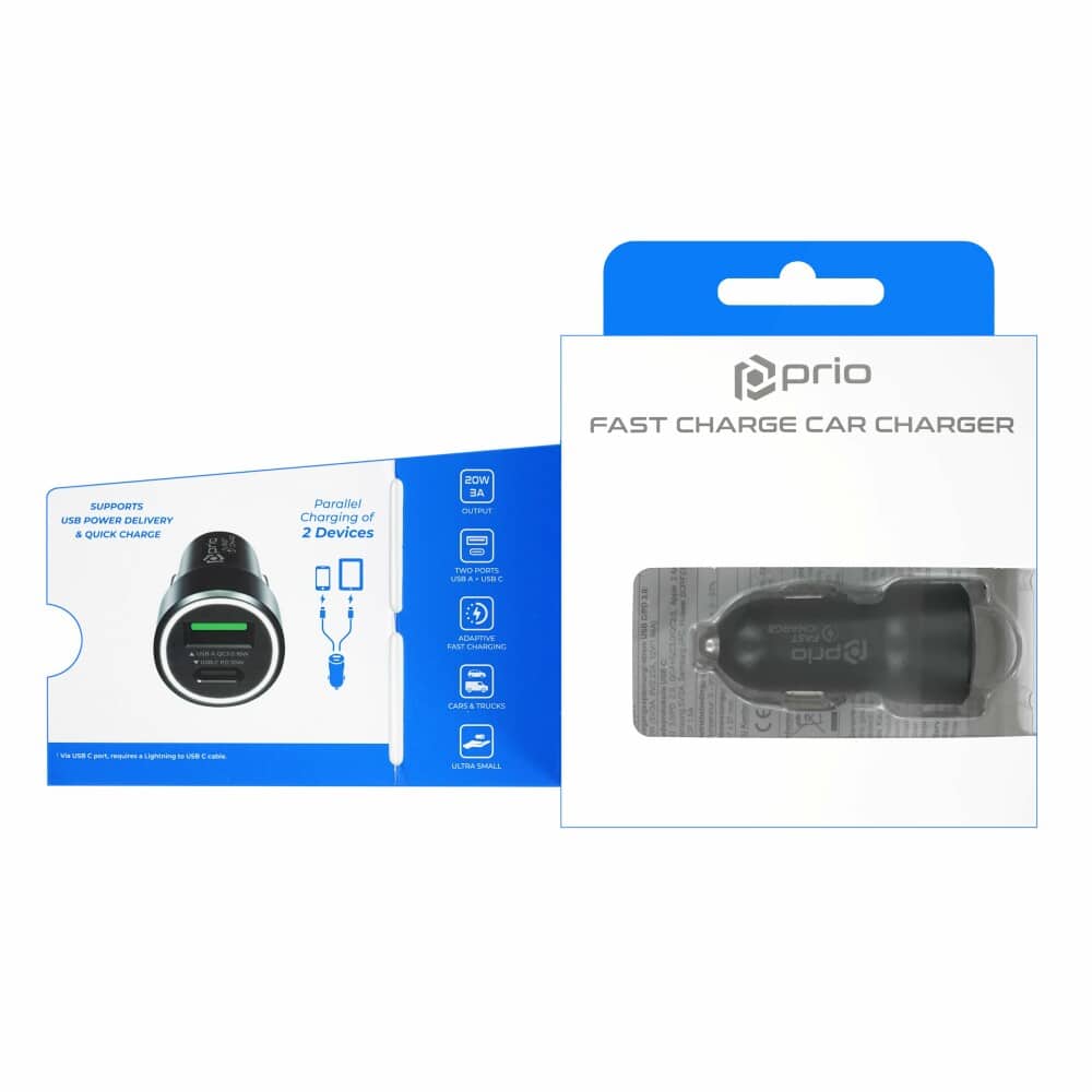 Prio Fast Charge autonabíječka 20W PD (USB C) + QC 3.0 (USB A) černá