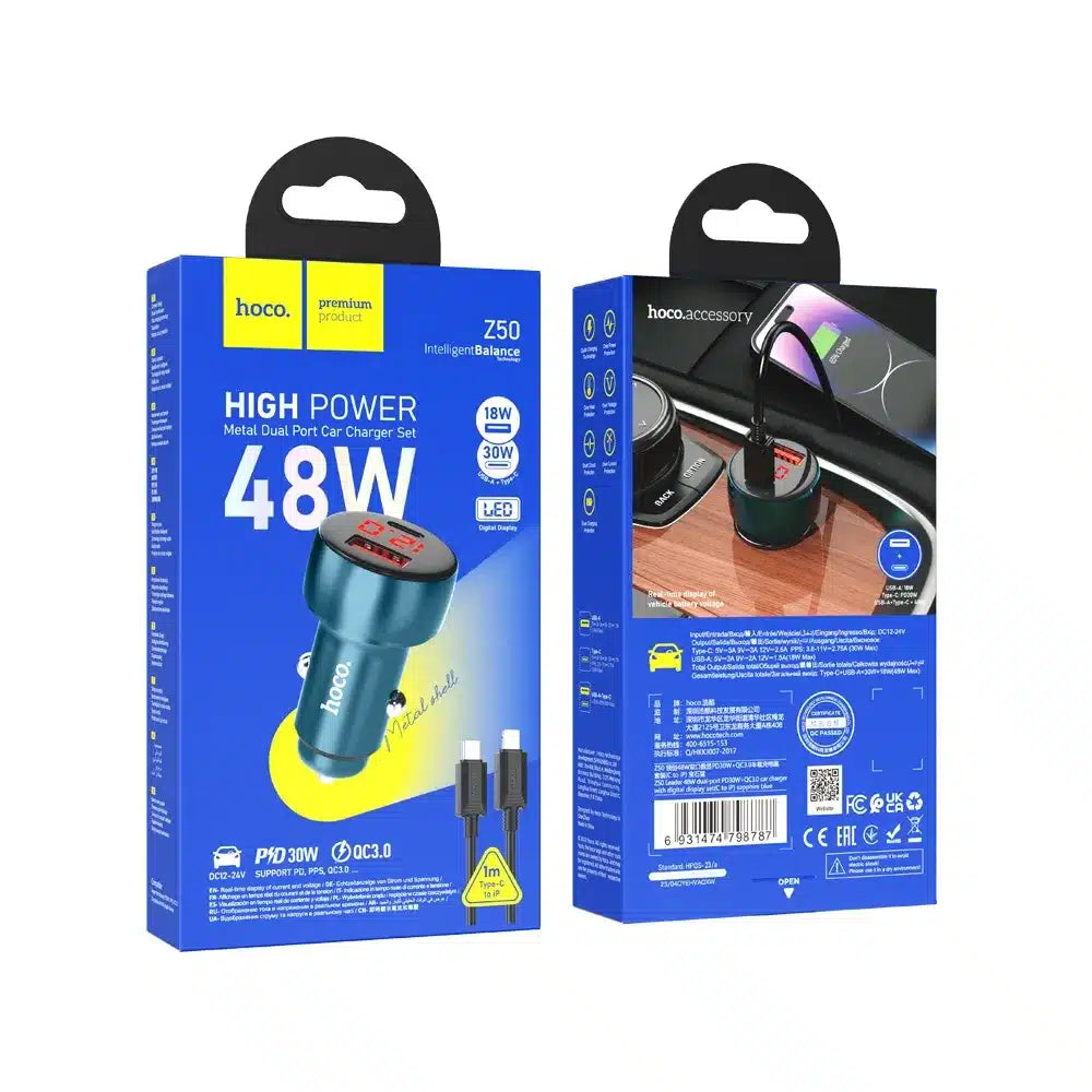 Nabíječka do auta HOCO USB QC 3.0 + Type C + kabel Type C na Type C PD 48W Leader Z50 kovově šedá