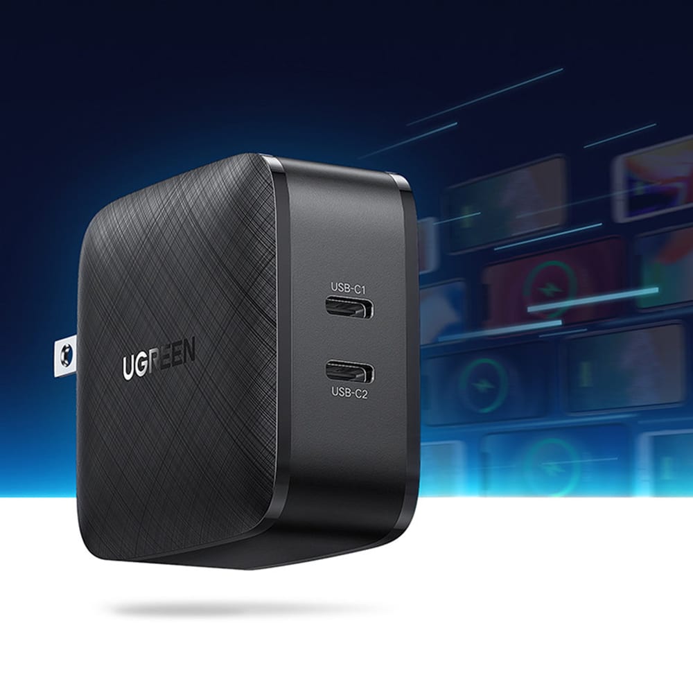 Ugreen - Nástěnná nabíječka (70867) - 2x USB-C, PD, GaN 66W, 3.3A - černá