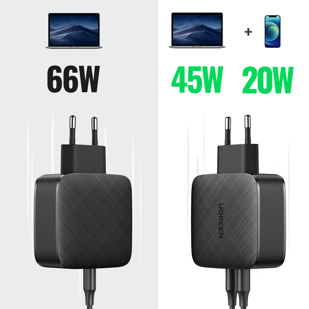 Ugreen - Nástěnná nabíječka (70867) - 2x USB-C, PD, GaN 66W, 3.3A - černá
