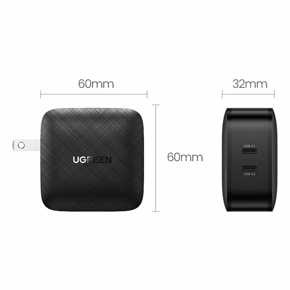Ugreen - Nástěnná nabíječka (70867) - 2x USB-C, PD, GaN 66W, 3.3A - černá