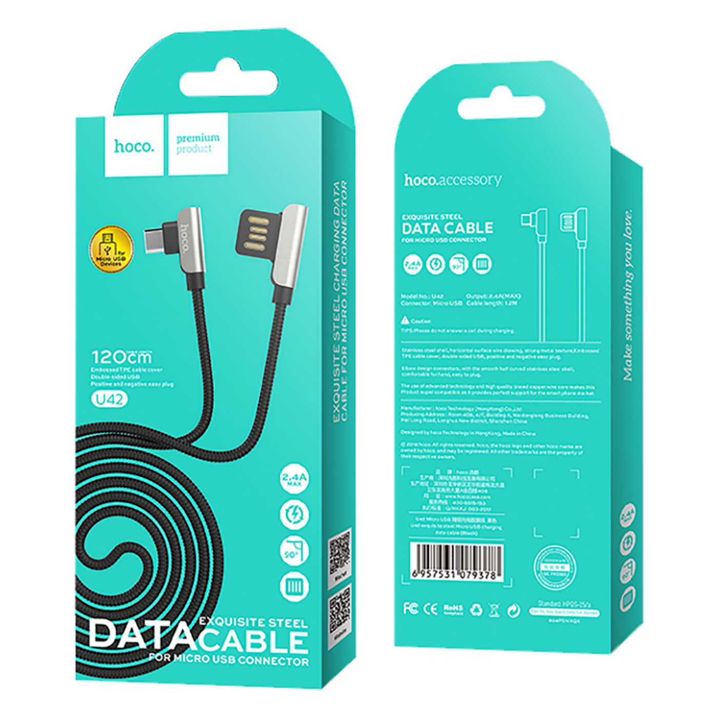 hoco. USB kabel za smartphone, micro USB, 1.2 met., 2.4 A, crna - U42 Exquisite steel, Micro USB, BK