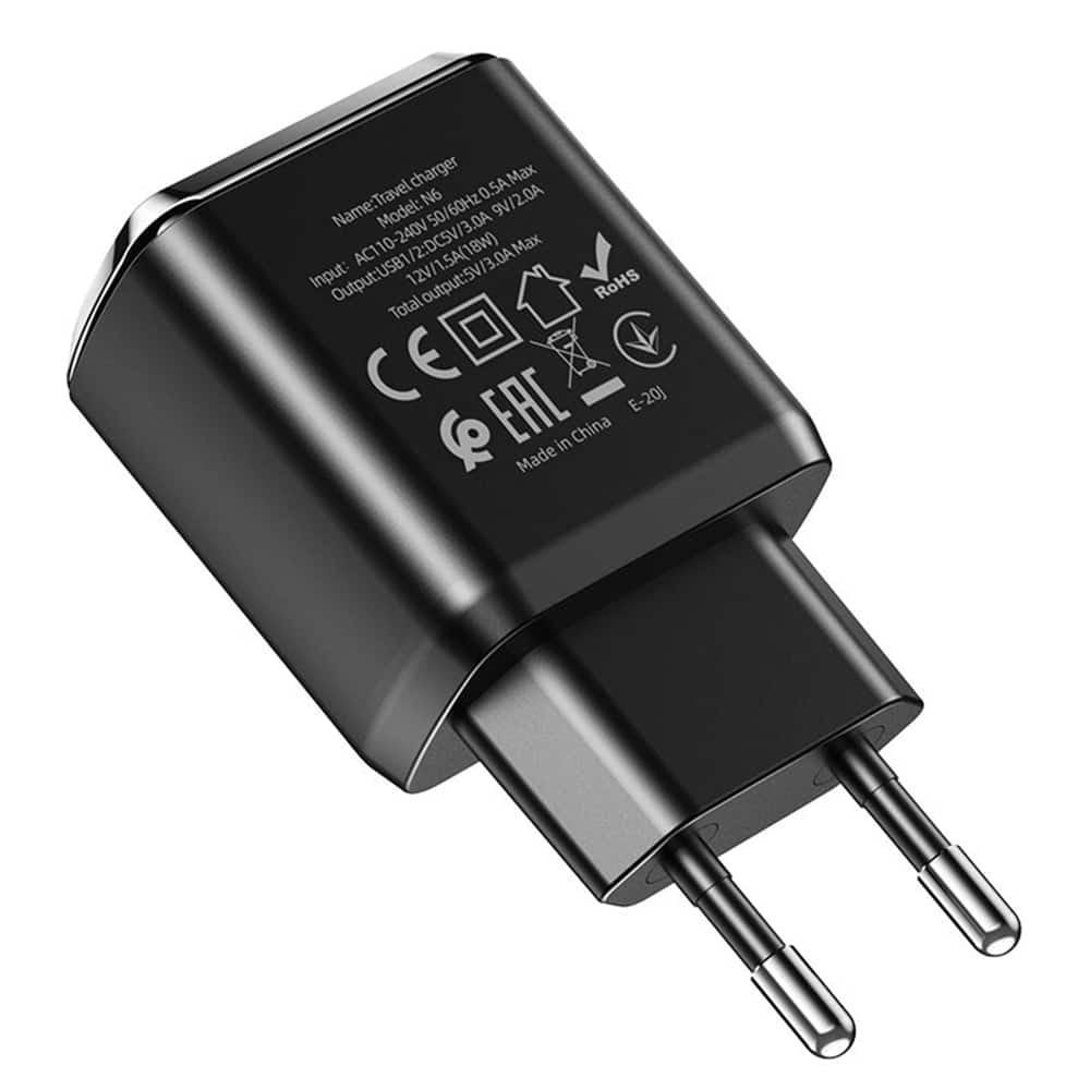 Hoco – Nástěnná nabíječka Charmer (N6) – 2xUSB-A, Q.C 3.0, 18W, 3.0A – černá