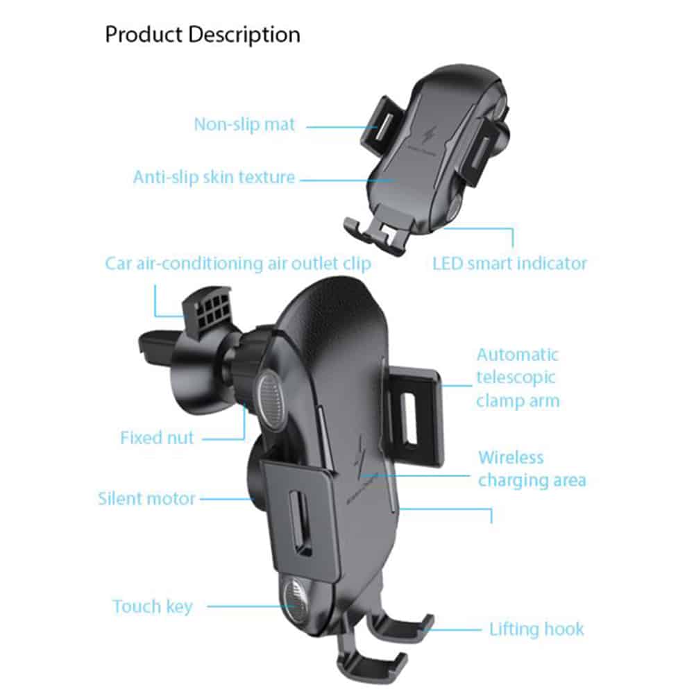 Techsuit Prémiový držák do auta (CAPD032) s bezdrátovým nabíjením 10 W na palubní desku / čelní sklo / ventilační otvor - černý