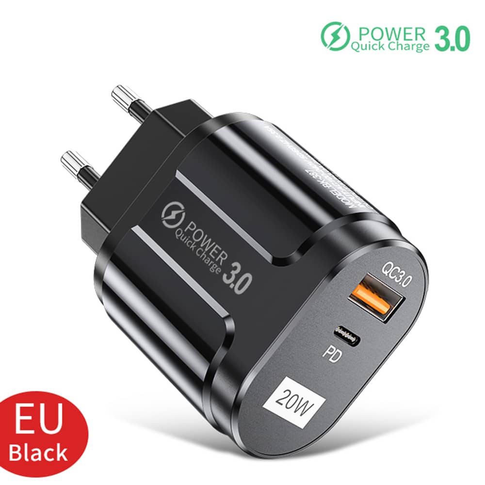 Techsuit - Prémiová síťová nabíječka (CHPD038) - USB-A, QC 3.0, USB-C, 20 W - černá