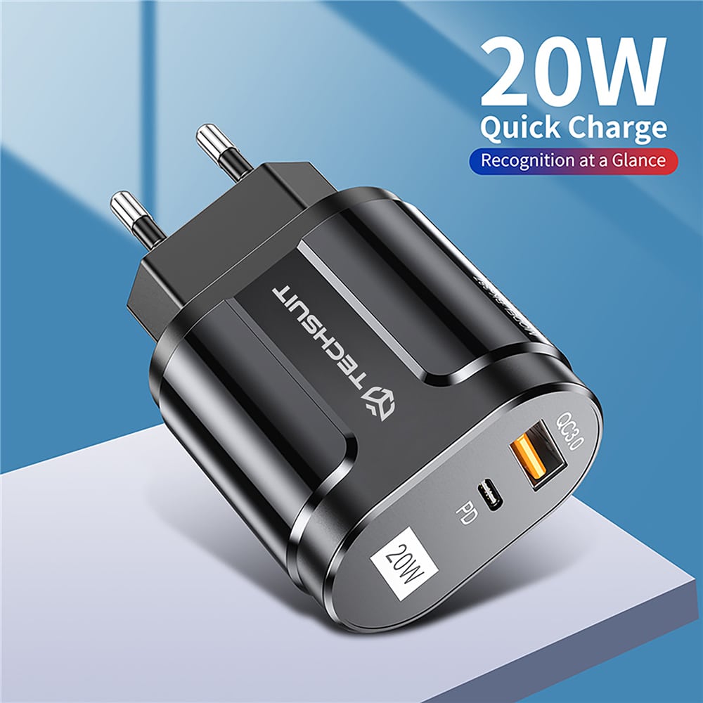 Techsuit - Prémiová síťová nabíječka (CHPD038) - USB-A, QC 3.0, USB-C, 20 W - černá
