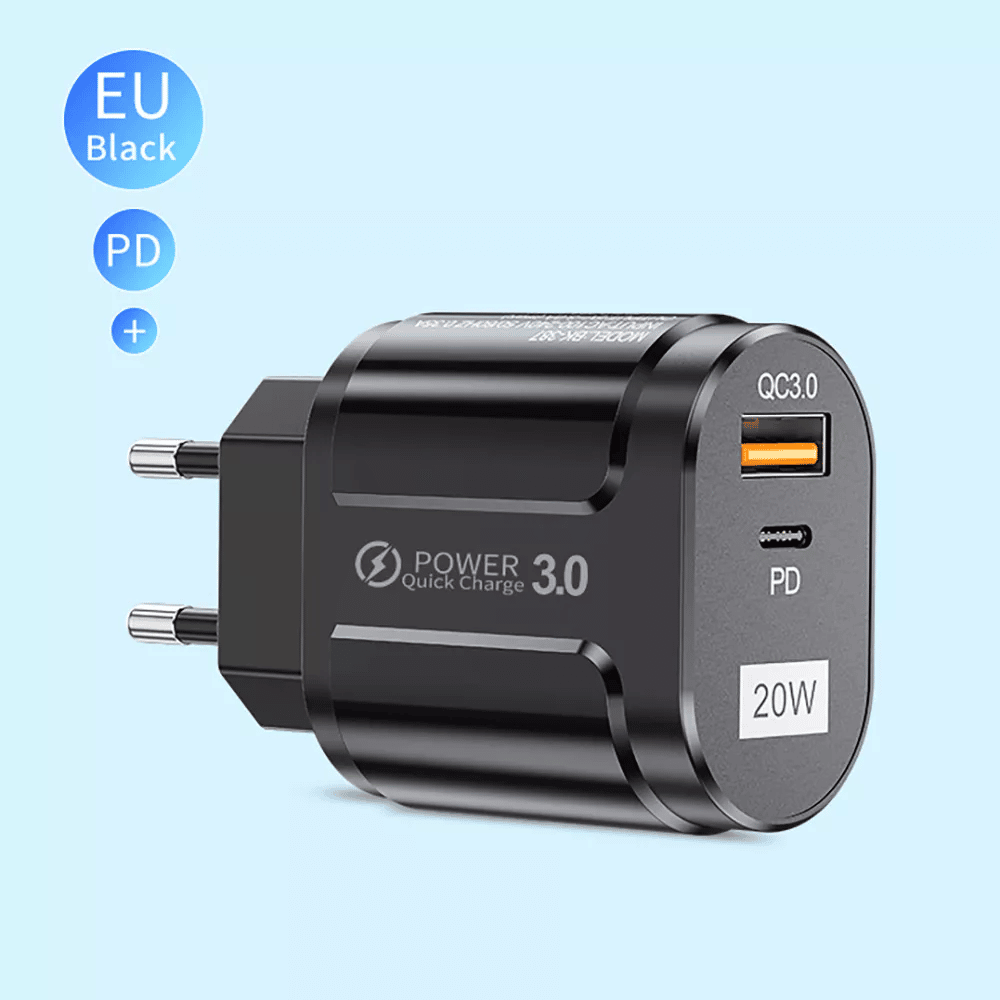 Techsuit - Prémiová síťová nabíječka (CHPD038) - USB-A, QC 3.0, USB-C, 20 W - černá