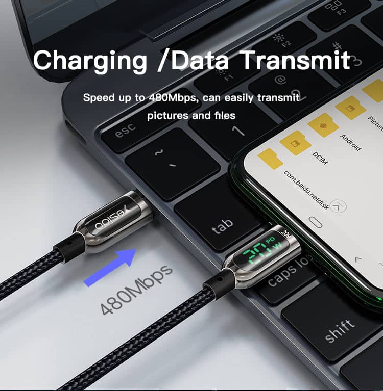 Yesido – datový kabel (CA86) – Lightning na Type-C 20W 5A s digitálním displejem – 120 cm – černý