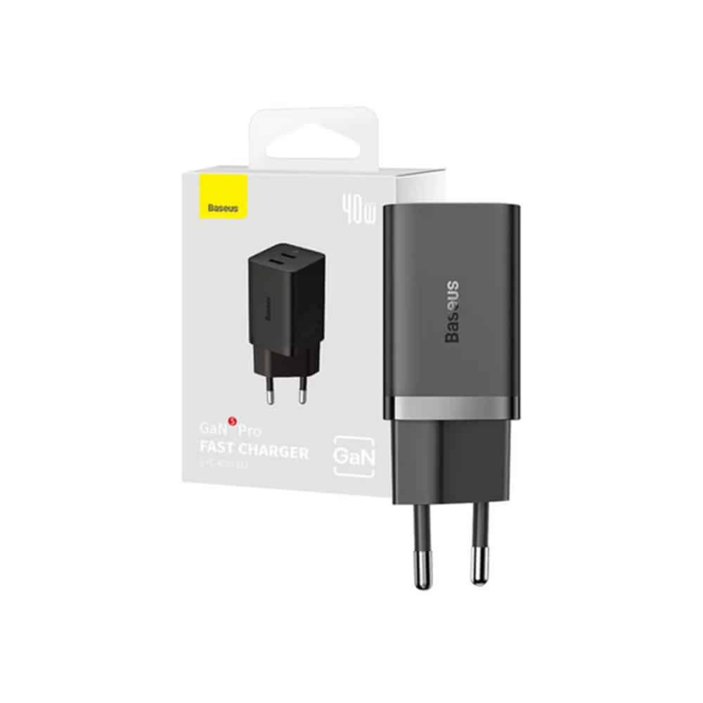 Baseus – nástěnná nabíječka (CCGP180101) – 2x Type-C – GaN – rychlé nabíjení – 40W – černá