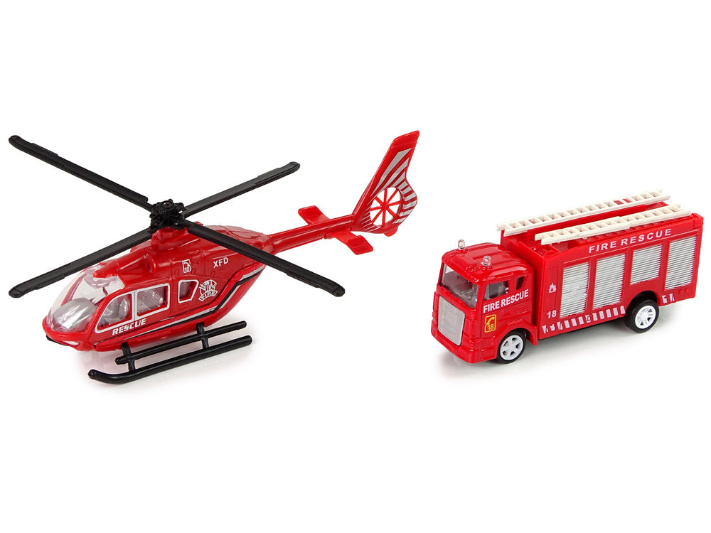 Set vatrogasnih vozila za igru sa helikopterom i kamionom - crveni