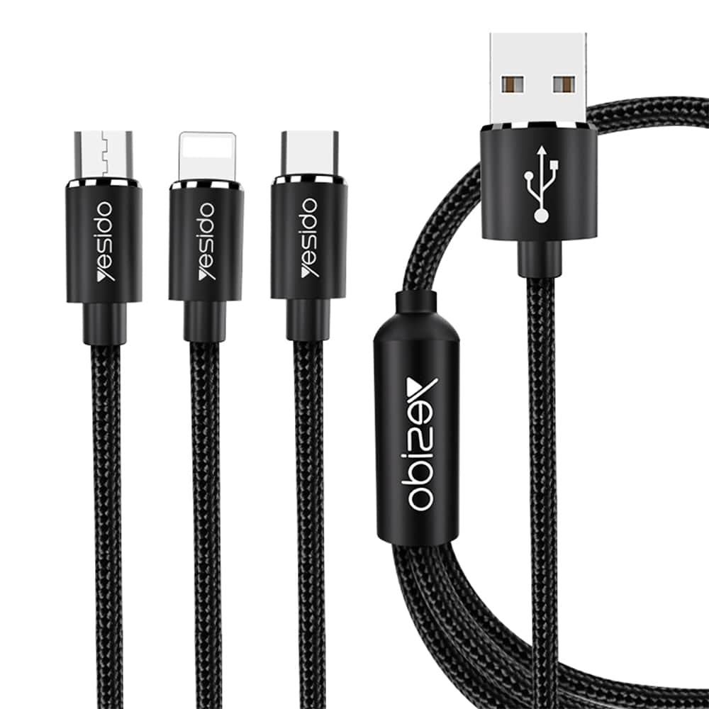 Yesido - Podatkovni kabel (CA-60) - 3u1 USB na Type-C-Lightning - Micro USB 60W 3A 1.2m - crni