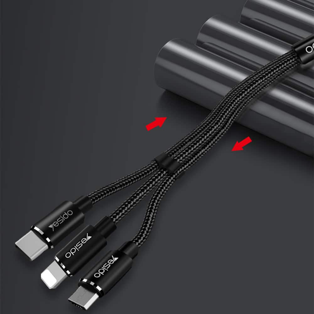 Yesido - Datový kabel (CA-60) - 3v1 USB na Type-C-Lightning - Micro USB 60W 3A 1.2m - černý