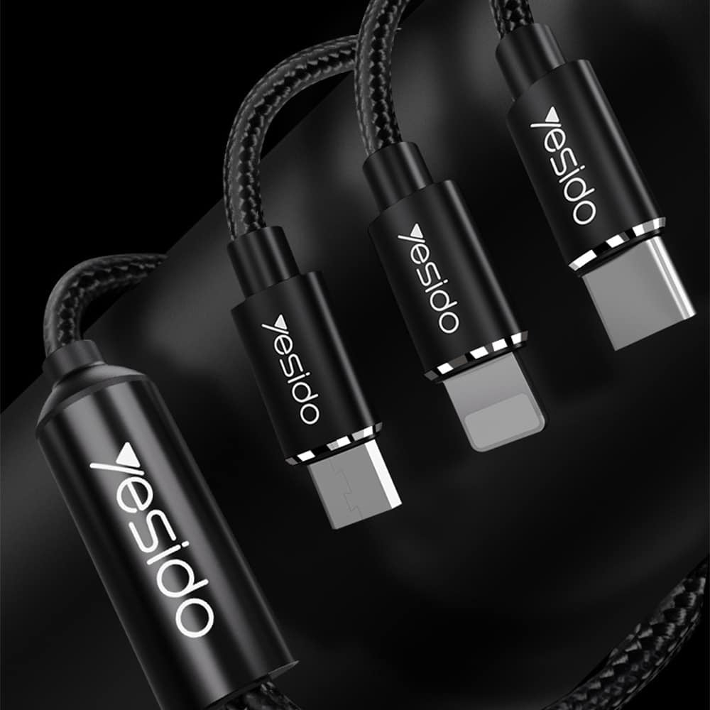 Yesido - Datový kabel (CA-60) - 3v1 USB na Type-C-Lightning - Micro USB 60W 3A 1.2m - černý