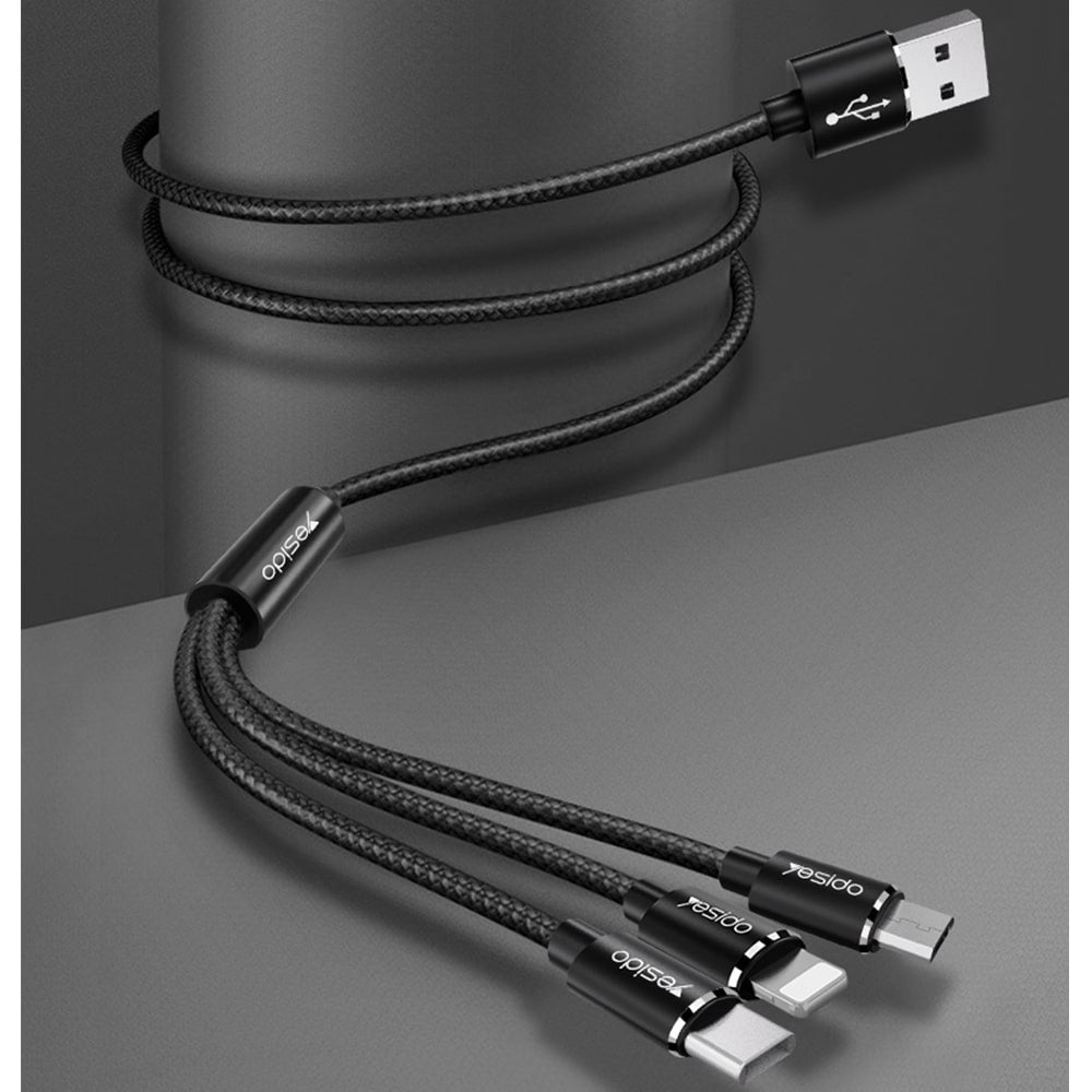 Yesido - Datový kabel (CA-60) - 3v1 USB na Type-C-Lightning - Micro USB 60W 3A 1.2m - černý