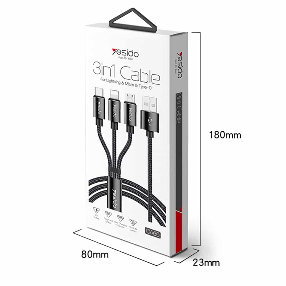 Yesido - Datový kabel (CA-60) - 3v1 USB na Type-C-Lightning - Micro USB 60W 3A 1.2m - černý