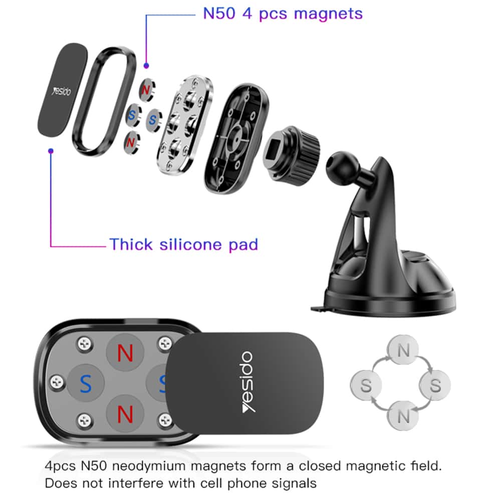 Yesido – Držák do auta (C72) s magnetickým držadlem a úhlem otáčení 360° na palubní desku – černý
