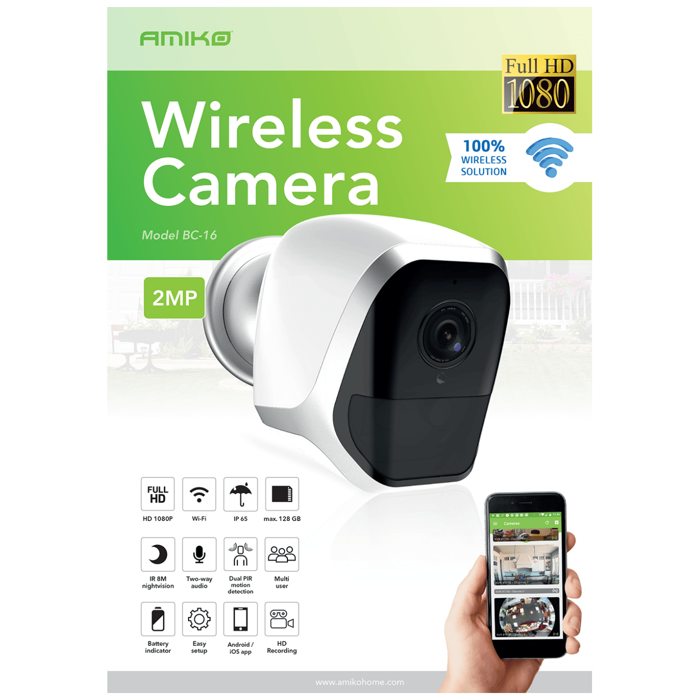 Amiko Home IP kamera, 2 MP, FullHD, WiFi, 4 x AA - BC-16