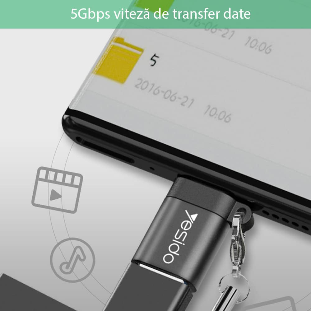 Yesido - OTG adaptér (GS06) - Type-C na USB 3.0 Plug & Play 5Gbps - černý
