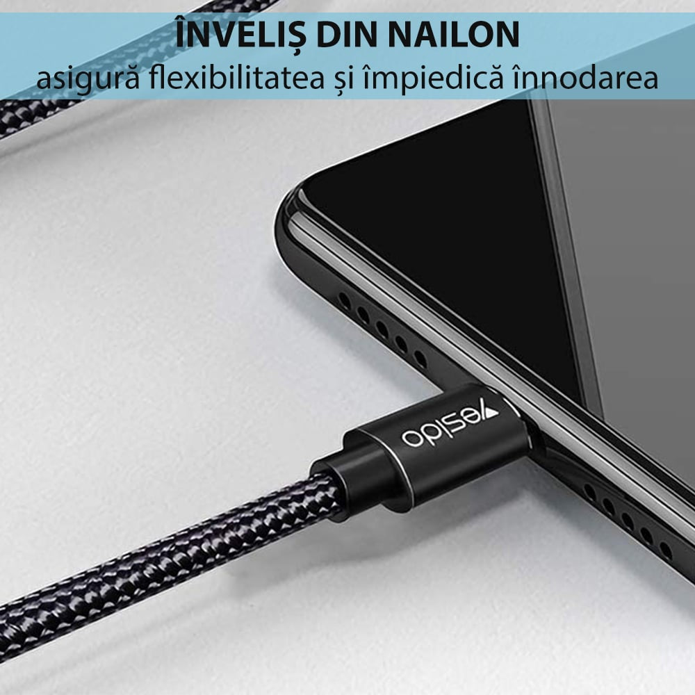 Yesido – datový kabel (CA-55) – Type-C na Type-C, 45W, 3A, 1,2 m – černý