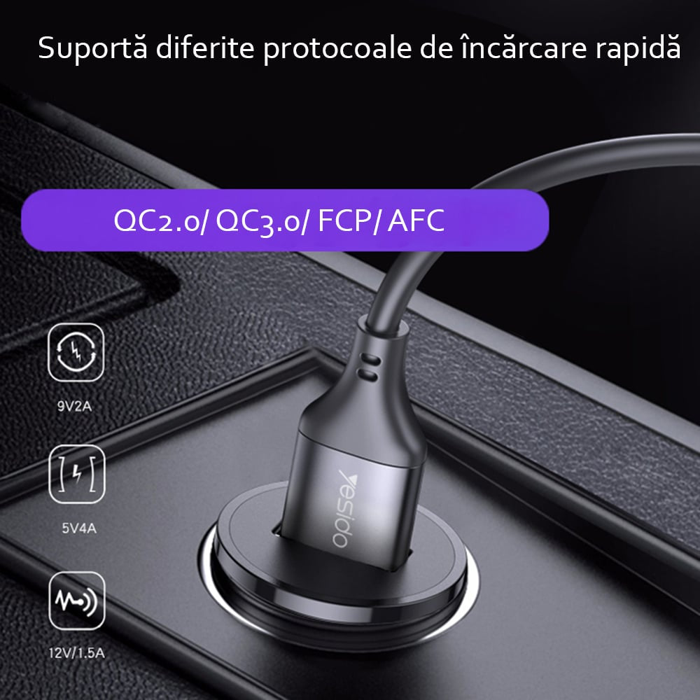 Yesido - autonabíječka (Y38) - USB, QC3.0, FCP, AFC, 20W, 4A - černá