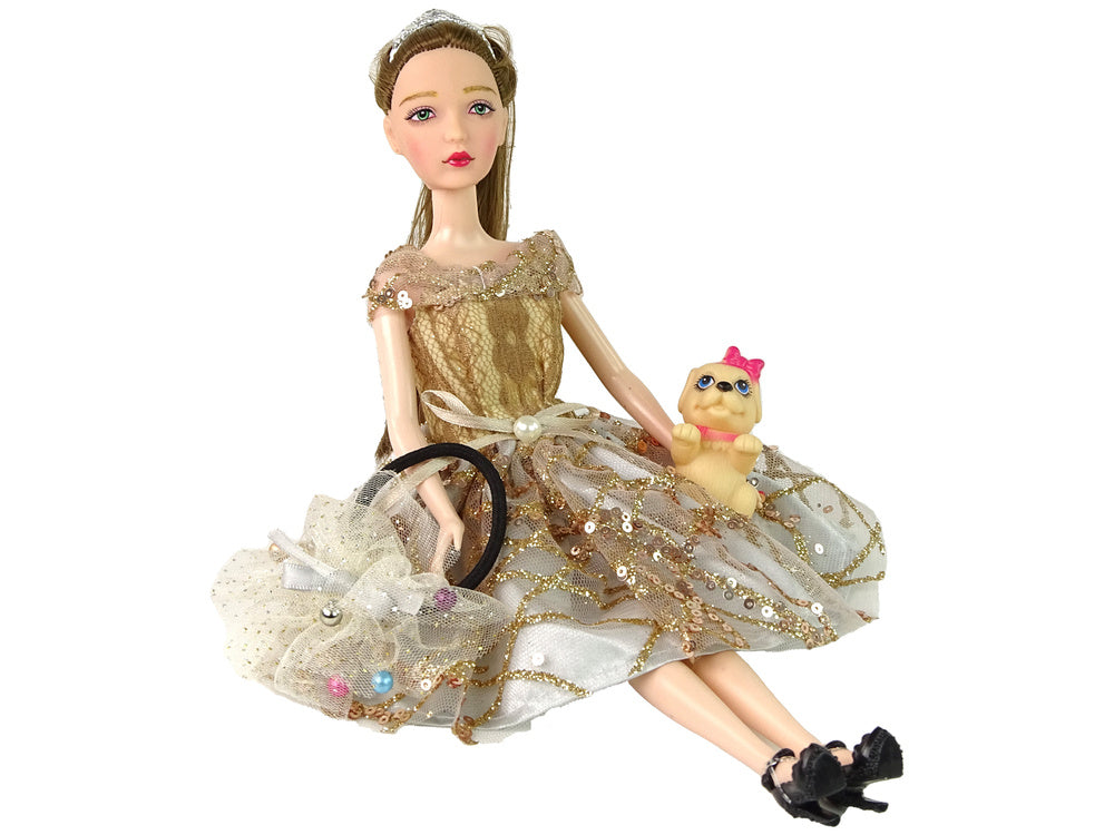 Lutka za igru Emily s smeđom kosom i psom s roza mašnom - 30 cm