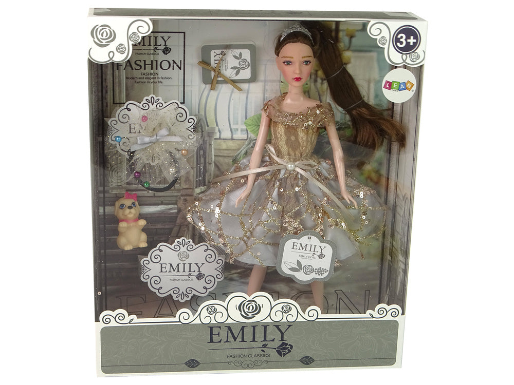 Lutka za igru Emily s smeđom kosom i psom s roza mašnom - 30 cm
