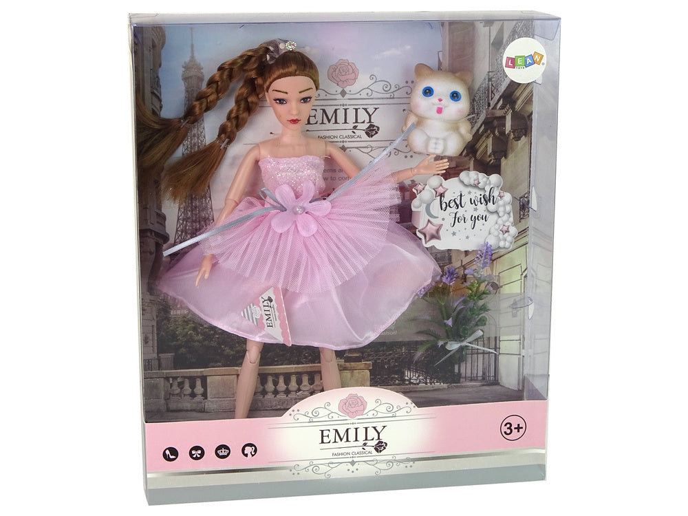 Lutka za igru Emily sa bež mačkom i pletenicama - 30 cm