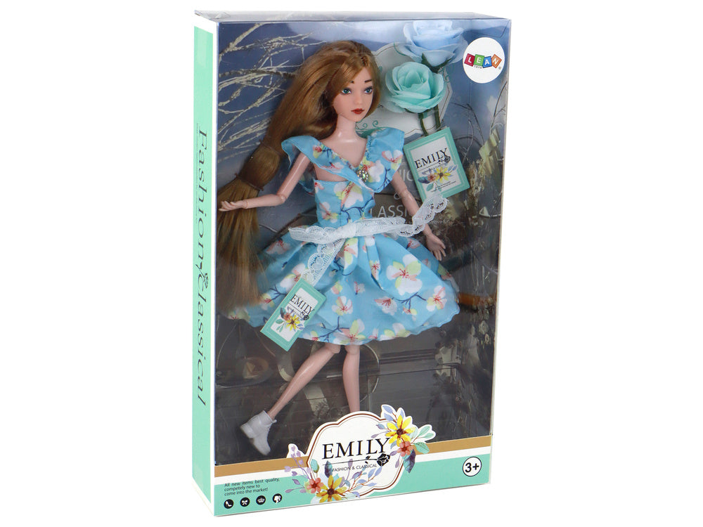 Dječja lutka Emily Spring s dugom kosom, plavom cvjetnom haljinom - 30 cm