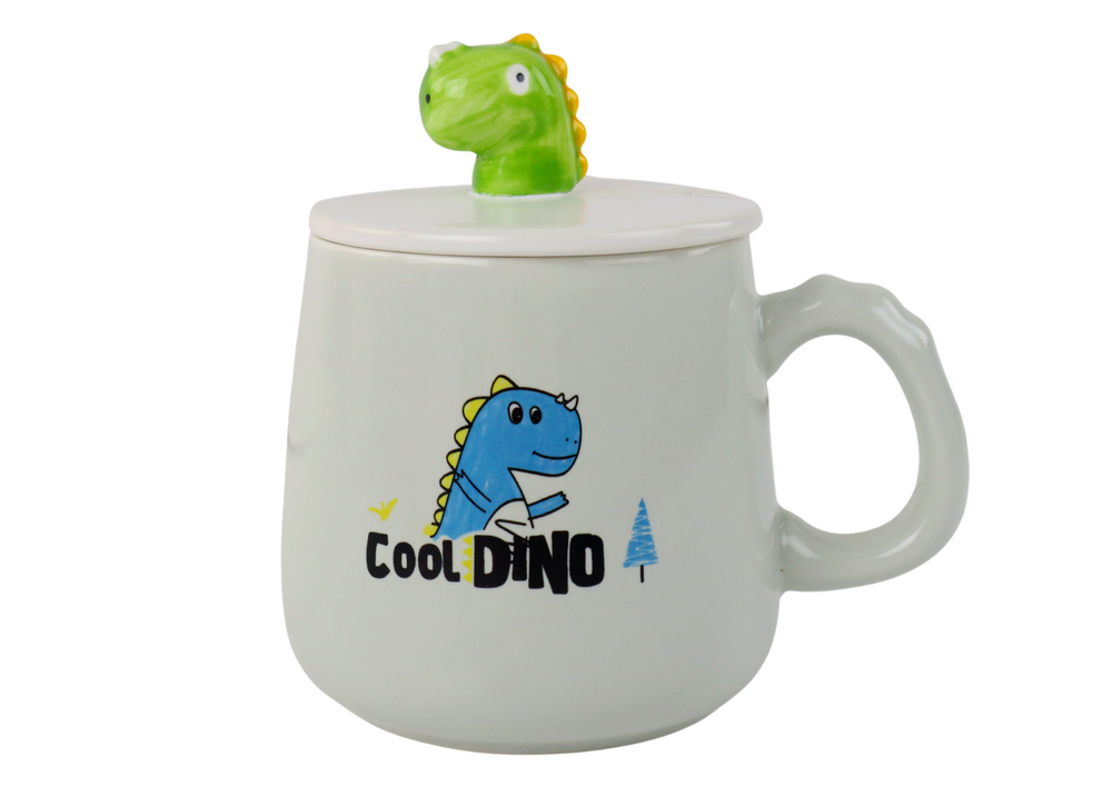 Keramička šalica s dinosaurus plavom bojom, poklopcem i žlicom, 350 ml