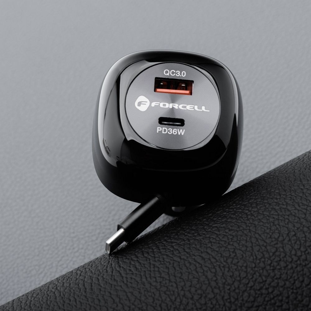 Auto punjač Forcell F-Energy Alu USB C + USB A + uvlačivi kabel USB C PD QC4.0 SFC2.0 3A 75W crni