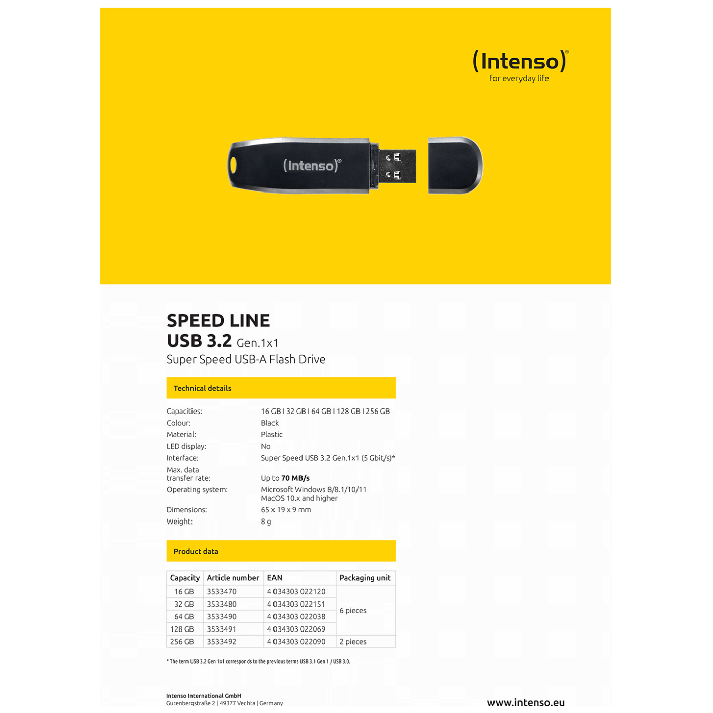 (Intenso) USB Flash drive 32GB Hi-Speed USB 3.2, SPEED Line - USB3.2-32GB/Speed Line