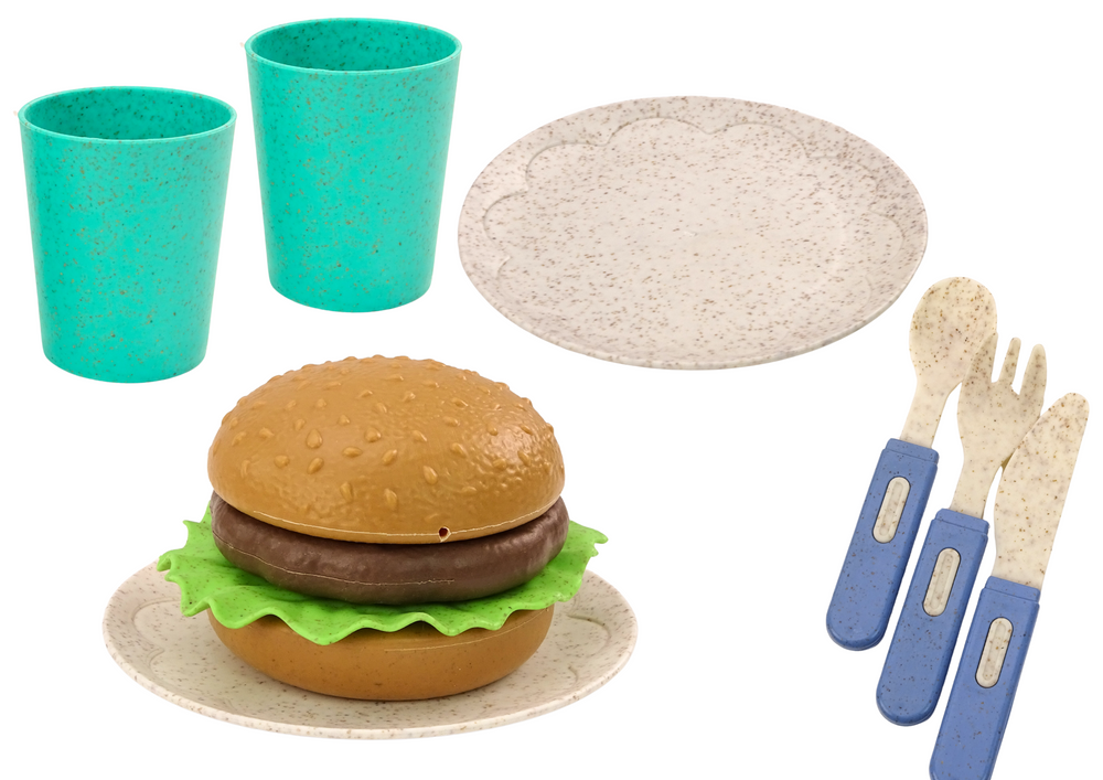 Set posuđa za igru, tanjuri, šalice, vrč, hamburger, pribor za jelo, 11 kom