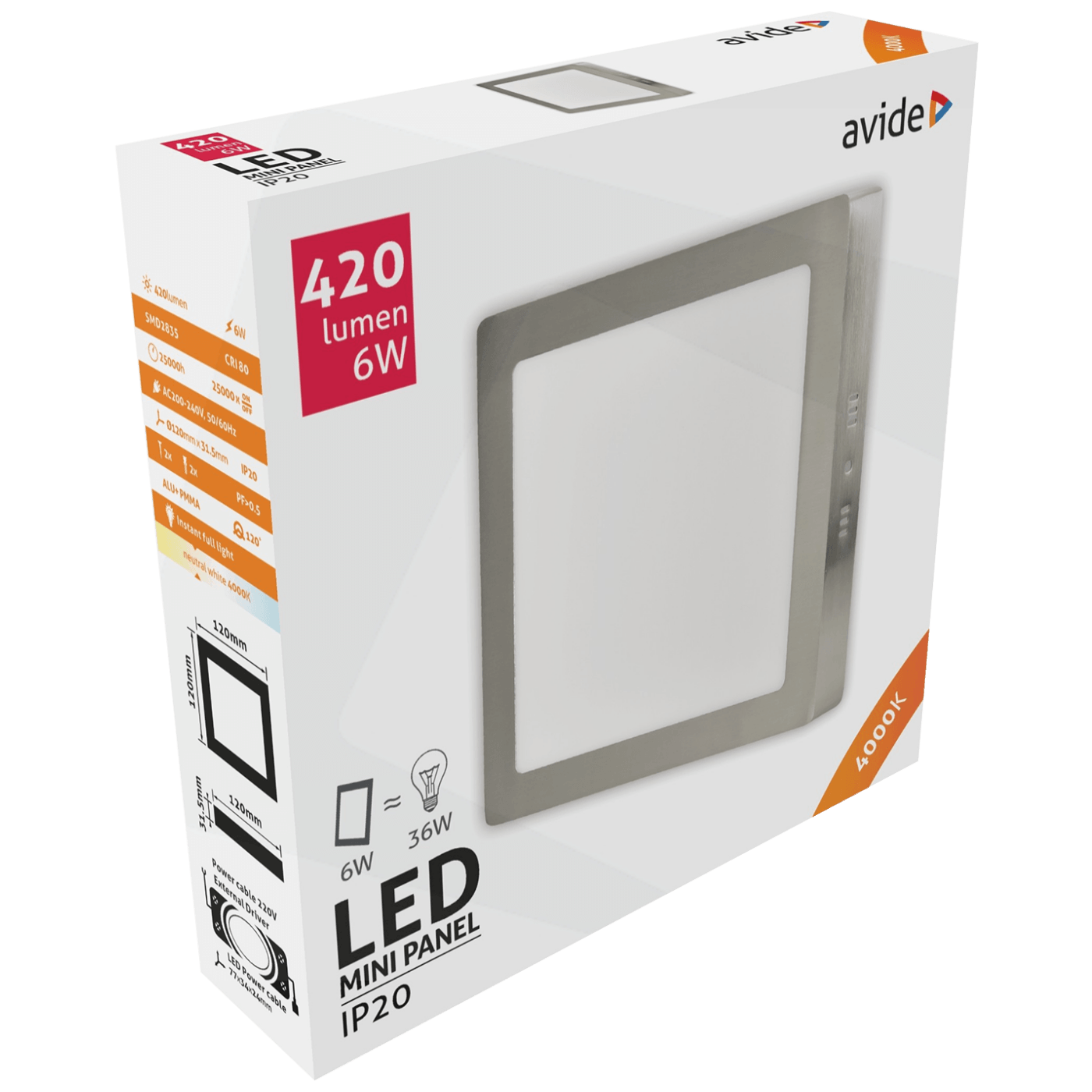 Avide LED stropní svítidlo, 6W, 420 lm, 4000K, IP20 - ACSMNW-S-6W-ALU-SN