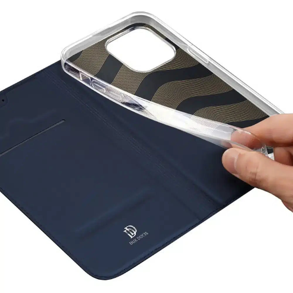 DUX DUCIS Skin Pro – Hladké kožené pouzdro pro Apple iPhone 15 Pro modré