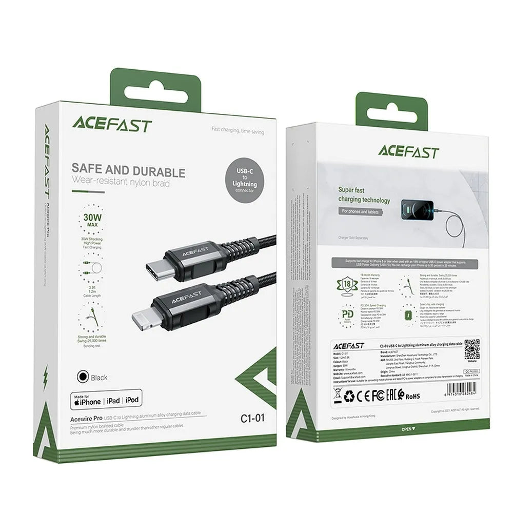 ACEFAST kabel Type-C pro iPhone Lightning 8pin MFi 3A PD30W hliníková slitina C1-01 1,2m černý