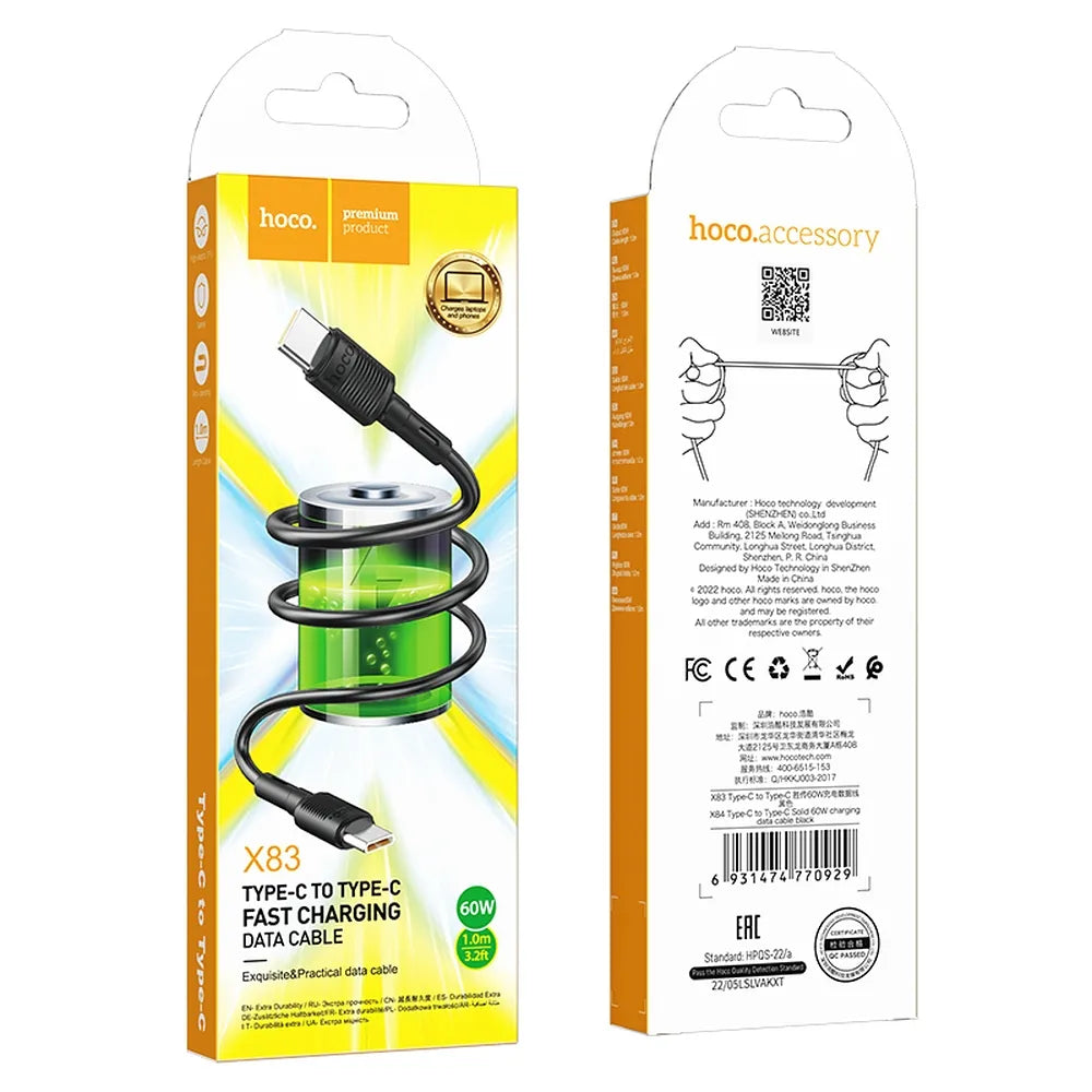 HOCO kabel Type C na Type C Power Delivery PD60W 3A Victory X83 1m černý