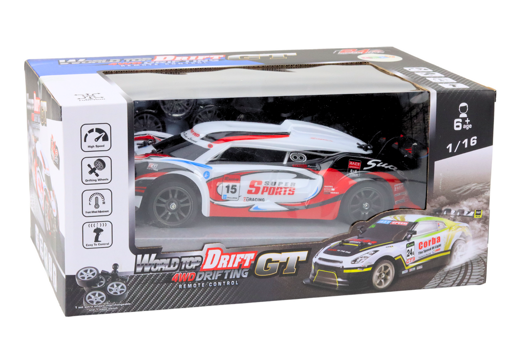 Auto na daljinsko upravljanje Sports Car 1:16 Drift sa promjenjivim kotačima - bijelo/crveni