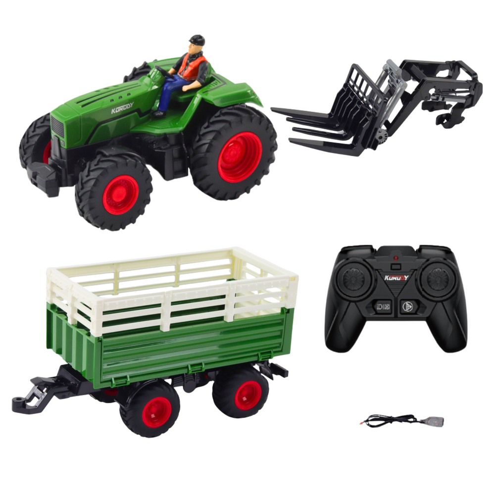 Traktor na daljinsko upravljanje s prikolicom i viljuškarom - zeleni