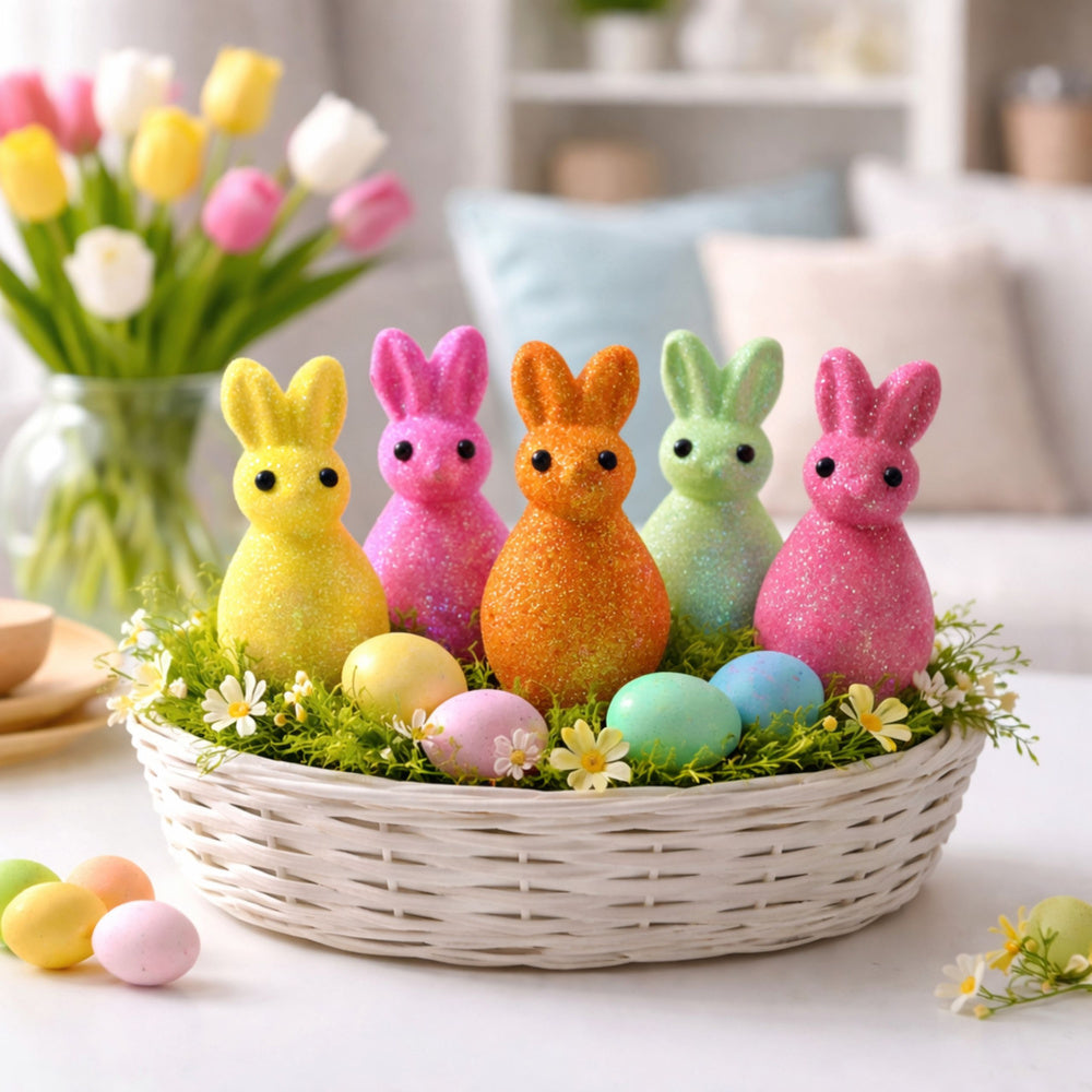Styrofoam Easter Bunnies Glitter Decorative Colorful 6pcs