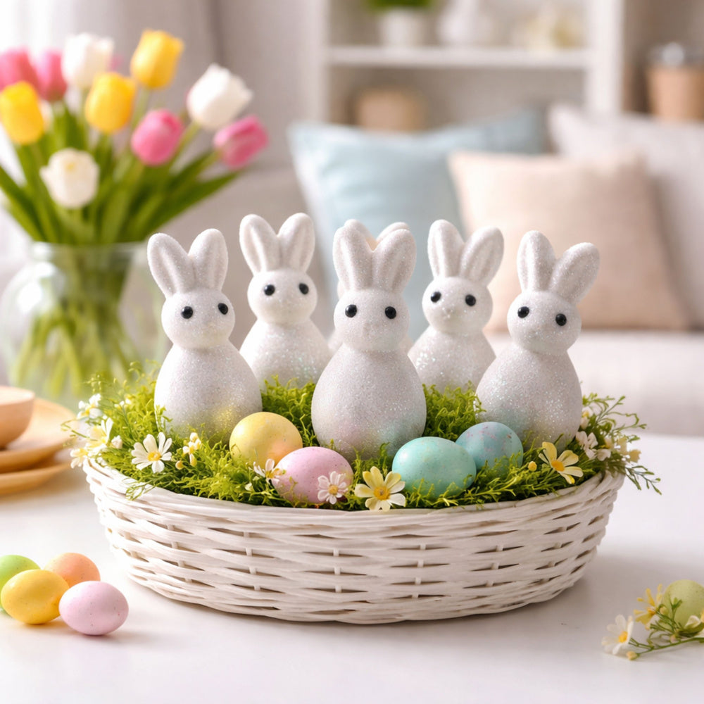 Styrofoam Easter Bunnies Glitter Decorative White 6pcs