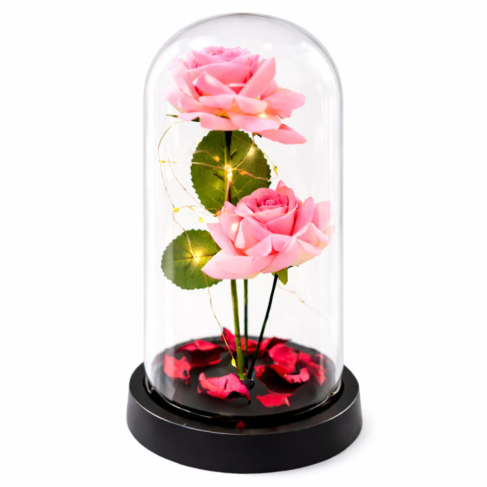 Eternal Roses in Dome with LED Lighting and Rose Petals Pink 21x11cm