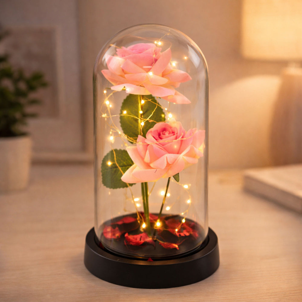 Eternal Roses in Dome with LED Lighting and Rose Petals Pink 21x11cm