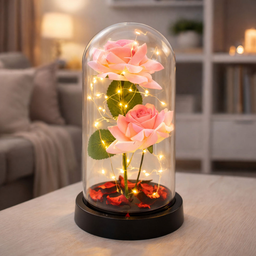 Eternal Roses in Dome with LED Lighting and Rose Petals Pink 21x11cm