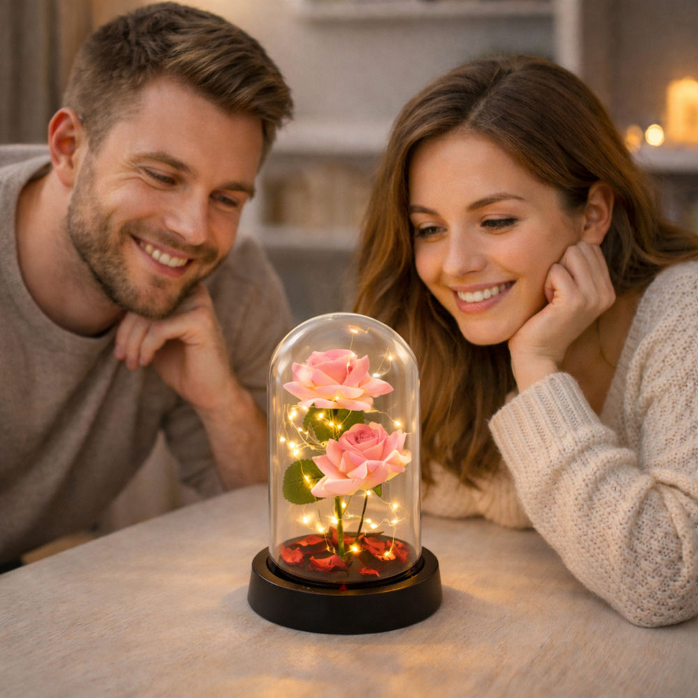 Eternal Roses in Dome with LED Lighting and Rose Petals Pink 21x11cm