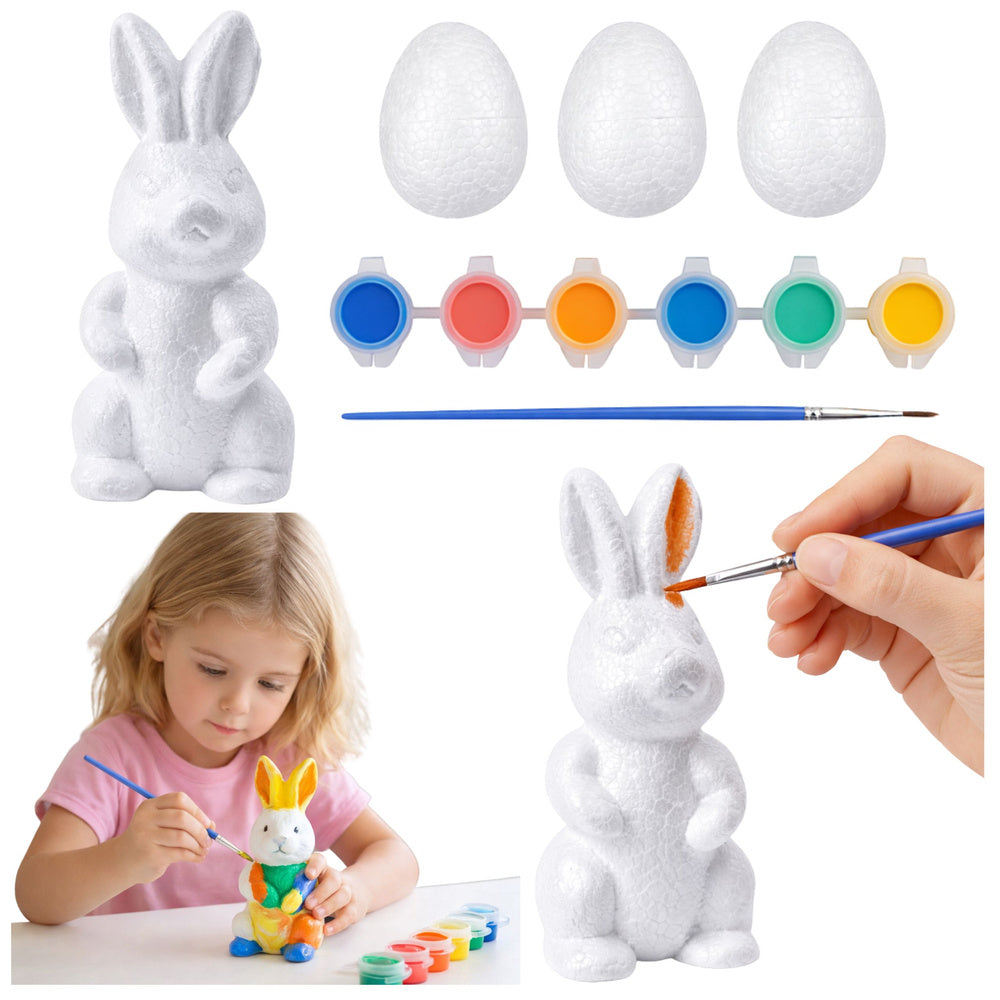 Easter Set Styrofoam Eggs 3pcs Bunny Figurine Paints