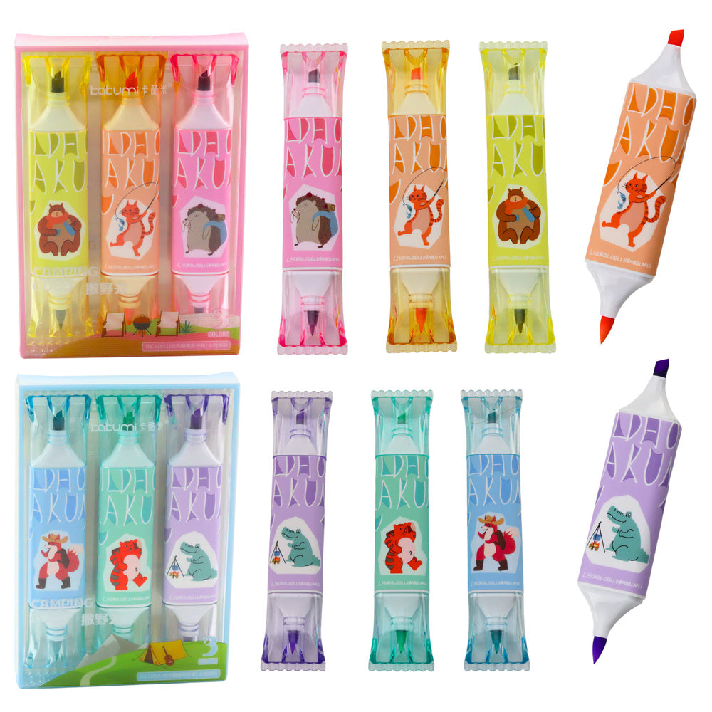 Highlighter Set Pink Blue Animal Motif Two Tips 3pcs