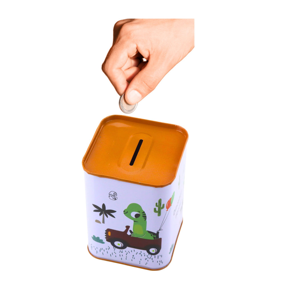 Piggy bank Dinosaur in the car Learning to save Metal White 11x8cm
